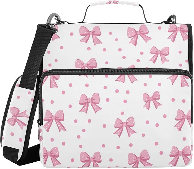 Pink Bows Dot White Zipper Binder with Shoulder Strap Trapper Keeper 3 Ring Binder Organizer Large Capacity Multiple Compartments for School Office