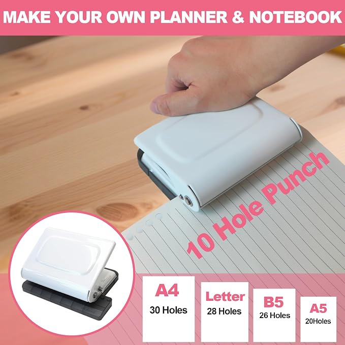10 Hole Punch Binding Machine for Planner, Manual Binding System with 10 Multi-Color Binder Rings for Making 26 Holes on B5, 30 Holes on A4, 20 Holes on A5 Book, 10 Sheet Capacity - White