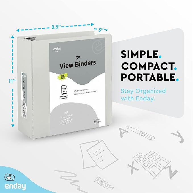 Enday 3 inch Binder (6 Pack - Grey) 3 Ring Binder 3 inch with Clear View Cover and 2 Inside Pocket - for Letter Size 8.5 x 11'' Paper, Ideal for School Supplies, Office, and Home