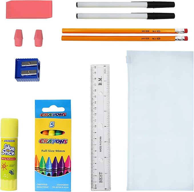 Moda West 48 Pack Bulk School Supplies 16 Piece Kit - Pens, Pencils, Crayons, and More - Essential Box of School Supplies for Elementary, Middle, and High School Students
