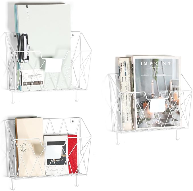 Wall File Organizer for Office, 6 Pack Metal Wall Baskets Wall File Holder | Hanging File Organizer with Hooks, Tag Slot, Mail Organizer Wall Mounted, Paper Document Magazine Organizing, Save Space