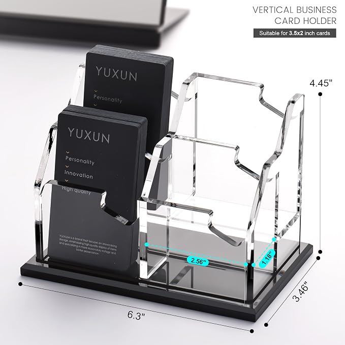 YUXUN Business Card Holder for Desk Vertical 2 Tier 4 Slot ,Black Acrylic Business Card Display Stand for Men & Women,Desktop Business Card Organizer for Office Home Exhibition, 200 Card Capacity