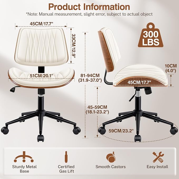 Ergonomic Armless Office Desk Chair - Mid-Century Modern White Faux Leather with Diamond Stitch, Adjustable Height Swivel Rolling Task Computer Chair with Walnut Accent for Home Office, Study & Work