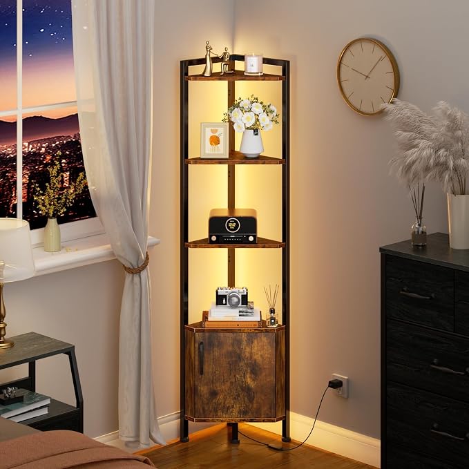 Corner Shelf Cabinet,Corner Bookshelf with Storage and LED Light | 62.8”Tall Wall Shelf Unit,Rustic Wood Display Shelves for Bedroom,Living Room,Kitchen,Metal Frame,Easy to Assemble