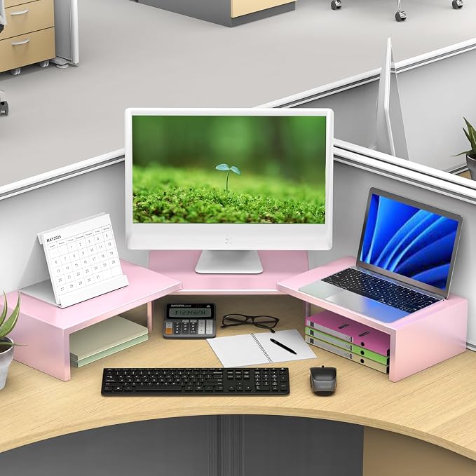 Dual Monitor Stand Riser | Monitor Stand for Desk, Metal Computer Stand, Desk Shelf Riser,Desktop Organizer for Home and Office Use (Pink)
