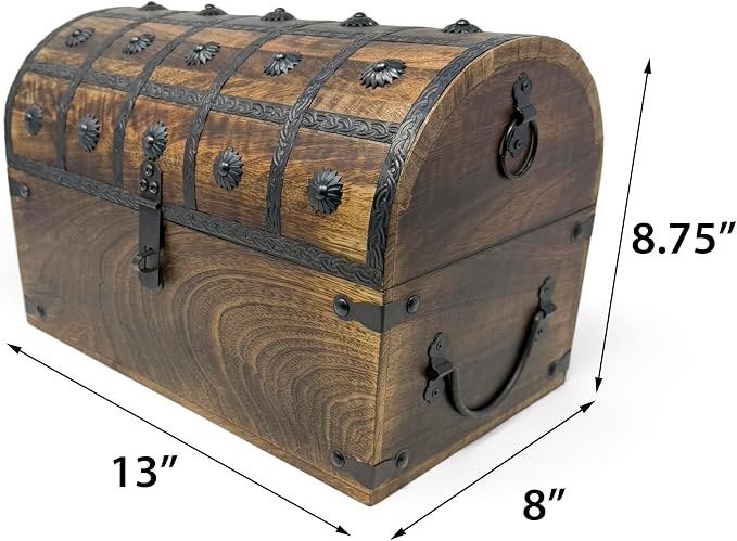 Nautical Cove Treasure Chest Keepsake and Decorative Wood Box (XX-Large 13x8x8.75) - Storage Box, Wooden Box with Hinged Lid, Rustic Storage, Pirate Storage Box, Vintage Wooden Chest