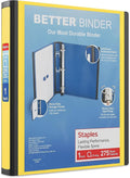 Staples Better View 1-Inch D-Ring Binder, Yellow, Clear Overlay | Durable 3-ring binder for school and office document organization.
