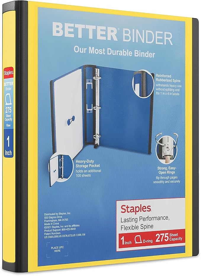 Staples Better View 1-Inch D-Ring Binder, Yellow, Clear Overlay | Durable 3-ring binder for school and office document organization.