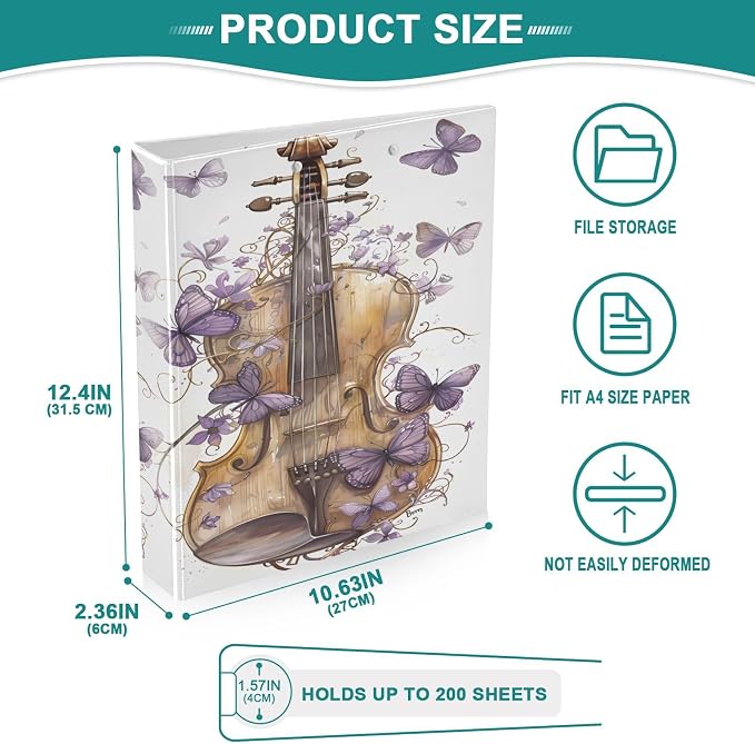 3 Ring Binder Violin Butterfly Music 1.5 inch Binders Three Ring Binders with Clipboard Fit 8.5'' x 11'' Paper 3 Interior PVC Clear Pockets for Office Supplies