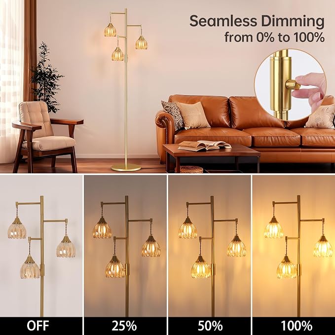 Shenmoyl Stepless Dimming Floor Lamps for Living Room, Bedroom, Gold Standing Lamp with 3pcs 6W Bulbs, Vintage Brass Floor Lamp for Corner, Nursery (Amber Tulip)