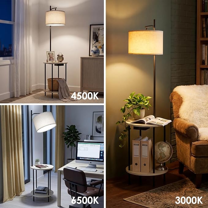 ONEWISH Floor Lamp with Table, USB/Type-C/AC Charging Ports, 9W LED Bulb, Round Table & Nightstand for Bedroom & Living Room (White)