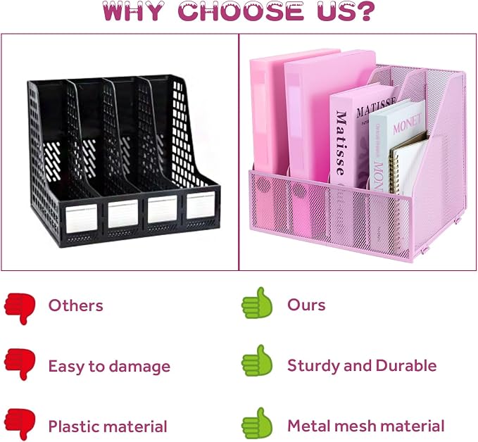 Desk Organizers, Metal Magazine File Holder with 4 Vertical Compartments Rack Binder File Organizer for Office Supplies, Home Workspace - Pink