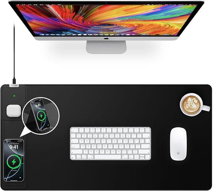 Wireless Charging Mouse Pad with Foldable Phone Holder, 31.5"x15.8", Black | Large Desk Mat for Laptop/Keyboard, Waterproof Ultra-Smooth Surface, Non-Slip Base