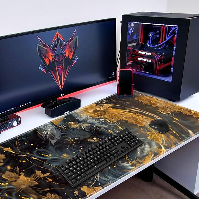 Extended Gaming Mouse Pad 31.5" x 11.8", with Edge Stitching, Non-Slip Rubber Base Keyboard Pad, Suitable for Work, Game, Office, Home and Coasters, Black Cat with Gold Floral