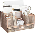 BLU MONACO | Rose Gold Desk Organizer with Sticky Note & File Holder | Metal Mesh Desktop Organizer with Large Drawer & 8 Compartments | Stylish Office, Vanity & Countertop Storage