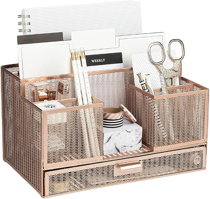 BLU MONACO | Rose Gold Desk Organizer with Sticky Note & File Holder | Metal Mesh Desktop Organizer with Large Drawer & 8 Compartments | Stylish Office, Vanity & Countertop Storage