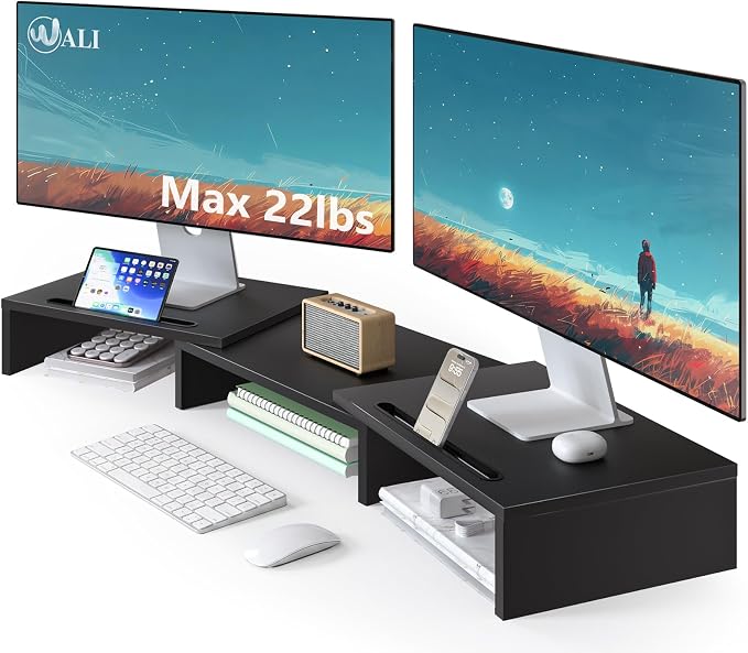 WALI Extra Long Wooden Dual Monitor Stand Riser with 2 Slots, up to 22lbs | Underneath Storage, Adjustable Length & Angle, Multi-Purpose Desktop Organizer Desk Shelf for Home Office PC, Laptop, Printer