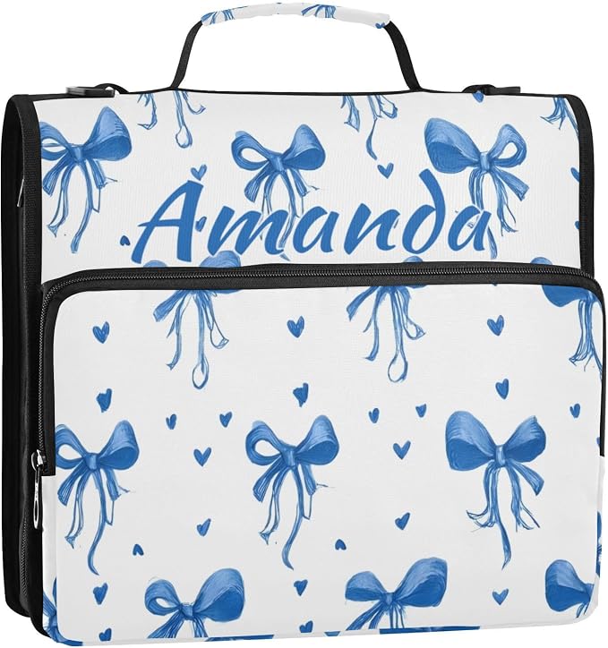 Custom 3 Ring Zipper Binder Blue Bows Ribbons Polka Dots Personalized Name 1.5 inch Binders Large Capacity Multi Pockets for School Office Supplies