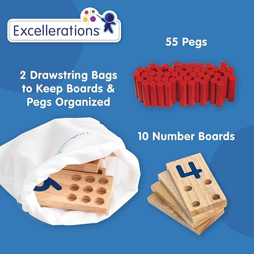 Excellerations Peg Number Board, Included: 10 Rubberwood Boards + 55 Wood Pegs + Storage Bag, Montessori Math Materials, Learning Manipulatives, Counting for Kids, Reggio Emilia Classroom Essentials