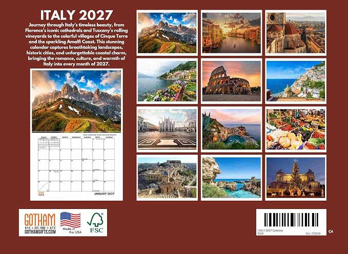 Italy Calendar 2027 Italian Gifts Monthly Wall Calender 12 Month