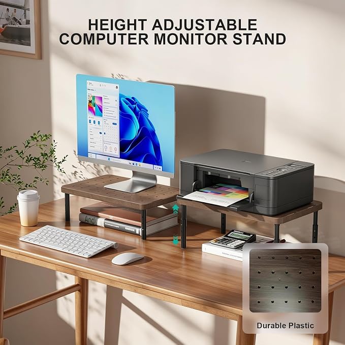 WALI Plastic Computer Monitor Stand, Adjustable Laptop Riser, up to 44 lbs | Desk Monitor Riser Underneath Storage, Fits Notebook, Laptops, Printers, for Home, Office, School(PTT001-C),1 Pack,Brown