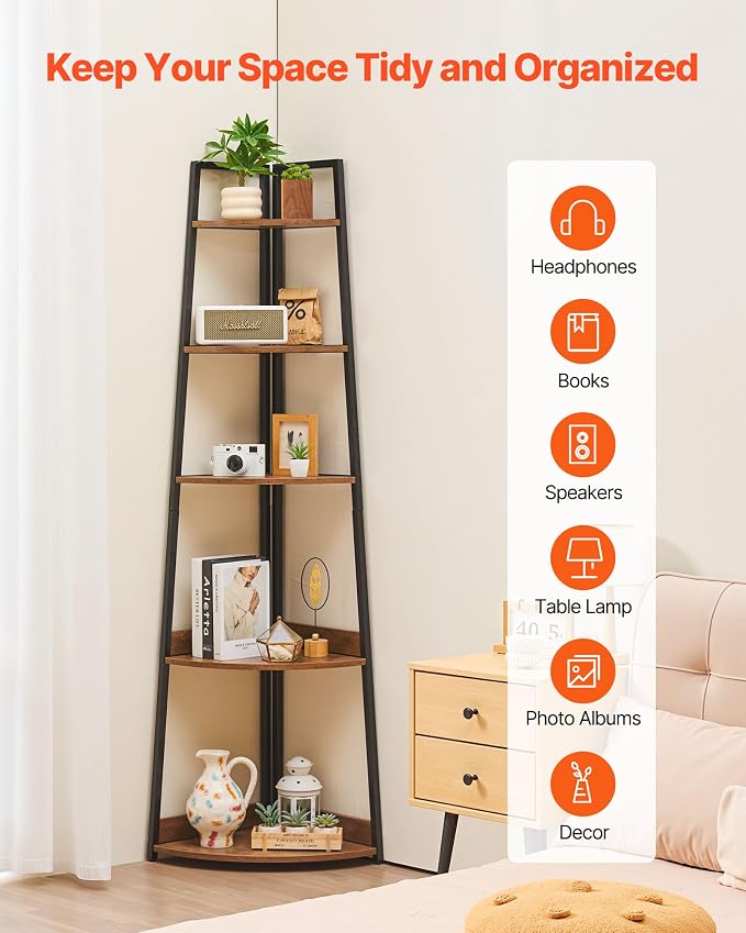 VEVOR 5 Tier Corner Shelf, Tall Corner Bookshelf Plant Rack, Wall Shelves Tower Storage Organizer with Metal Frame & Wooden Shelves, Narrow Display Book Shelf Rack for Bedroom, Living Room, Office