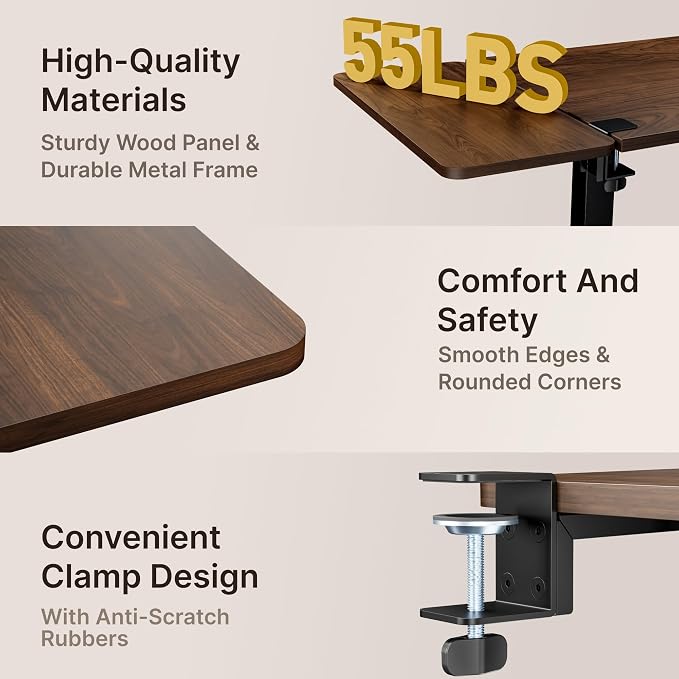 Desk Extender Tray, 24" x 12", with Storage Drawer, Medium, Walnut | Desk Extension, Clamp on Desk Shelf, Clamp On Keyboard Tray for Office and Home, Workstation Organizer