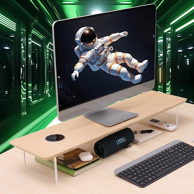 SUIBIAN White Monitor Stand Riser with Wireless Charging 31.5Inch Large, Computer Monitor Stand,Wooden Desktop Organizer Shelf for Office Desk Computer,Laptop,TV (White Oak)