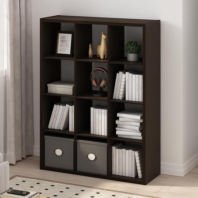 Furinno Simple 12-Cube Storage Organizer, Extra Thick Frame, Black Oak | Vertical/Horizontal, Open Back, Display Shelf, Shelving Unit, Storage Shelves, for Organization, Living Room, Home Office