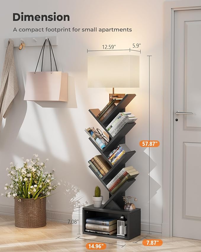 Evermagin 6 Tier Tree Bookshelf with Light, Bookcase, Black | Narrow Tower Design, Storage Cabinet for Book Organization, Tall Floor Standing Use, Living Room, Bedroom and Home Office