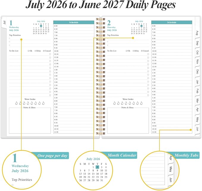 Daily Planner 2026-2027 Full Page Per Day- 2026-2027 Daily & Monthly Planner from July 2026 to June 2027, Day Planner 2026-27 with 12 Months Tabs, 8.5" x 11", Pink Flowers