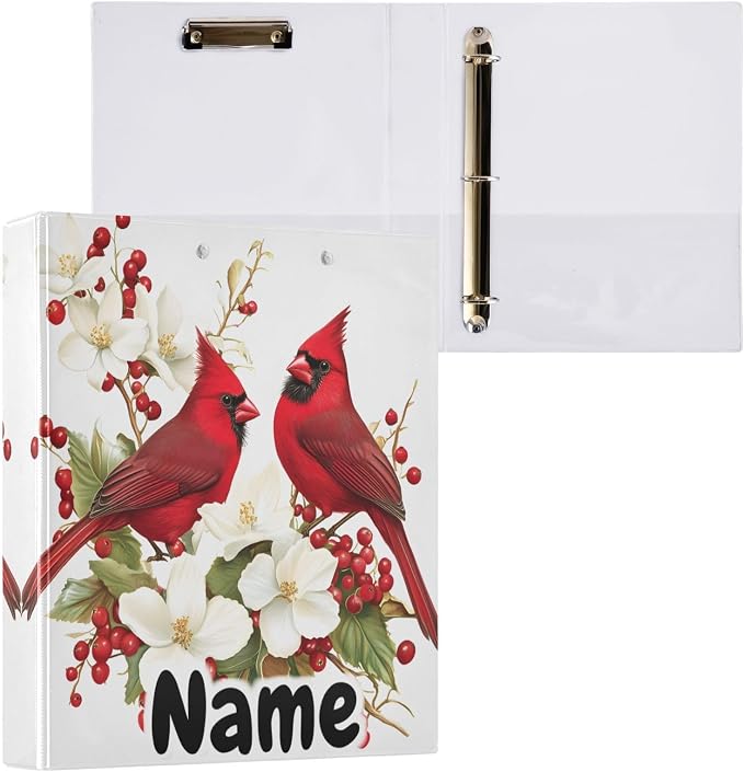 Custom 3 Ring Binder Red Cardinal Flowers Berries 1.5" Round Ring Binders Personalized Name View Binder with 200 Sheet for Kids School Supplies Women Men Office, 1 Pack