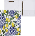 French Country Blue Tile Lemon Binder 1.5 Inch Binder with Clipboard&Pockets, Ethnic Lemons Hardcover Binders 3 Ring Heavy Duty Large File Folder for Office School Supplies - Holds 200 Sheets