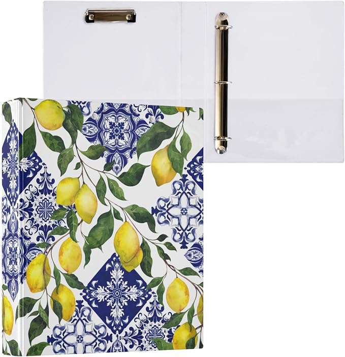 French Country Blue Tile Lemon Binder 1.5 Inch Binder with Clipboard&Pockets, Ethnic Lemons Hardcover Binders 3 Ring Heavy Duty Large File Folder for Office School Supplies - Holds 200 Sheets