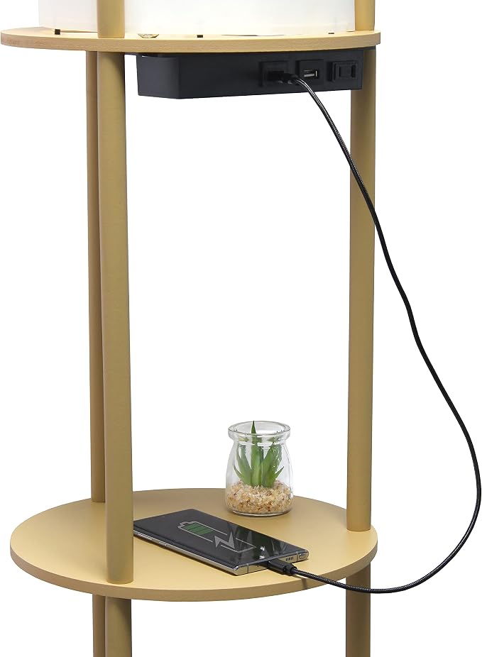 Simple Designs LF2010-TAN 62.5" Round Modern Shelf Etagere Organizer Storage Floor Lamp with 2 USB Charging Ports, 1 Charging Outlet and Linen Shade for Living Room Bedroom Office, Tan