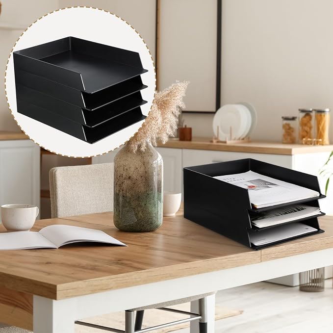 12 Pcs Stackable Paper Trays Rectangular Plastic Desk Holder Desktop Document File Organizer Storage Letter for Office Classroom (Black)