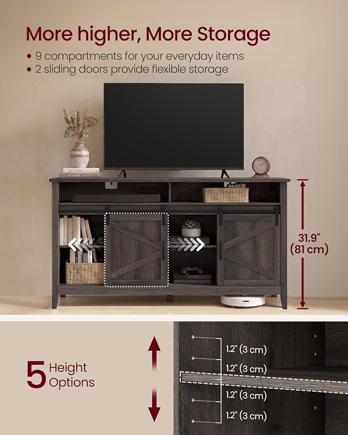 VASAGLE Tall Farmhouse TV Stand, Entertainment Center with Barn Doors, Storage Media Console Cabinet for Living Room, Bedroom, 58.3 x 15.7 x 31.9 Inch, Taupe Brown, LIRY Collection ULTV031T101S