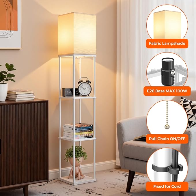 Floor Lamp with Shelves, 3-Tier Modern Square Bookshelf Standing Lamp White | 3 Color Temperature Bulb Included, Pull Chain Tall Lamp for Living Room Bedroom Corner Office Apartment Decor