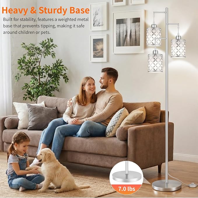 Dimmable Floor Lamp, Farmhouse Standing Lamp with Elegant Metal Cage, Industrial Tall Tree Floor Lamps for Living Room Bedroom Study Office with Remote & 3x 1100LM 12W LED Bulbs, 72" Silver