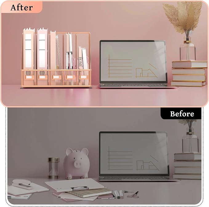 Desk Organizers Metal Desk Magazine File Holder with 5 Vertical Compartments Rack File Organizer for Office Desktop, Home Workspace, Rose Gold, Plus