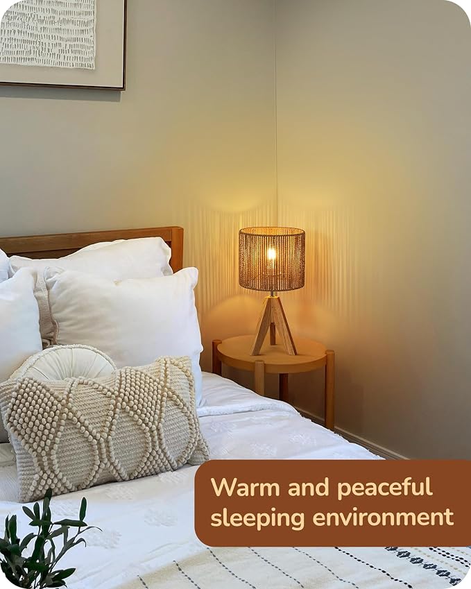 EDISHINE Small Rattan Table Lamp, Wood Tripod Bedside Lamp, 14.2", E26 Base | Natural Style, E26 Socket, Boho Nightstand Light for Living Room, End Table, Office, Rosewood Color&Vertical Stripe Shade