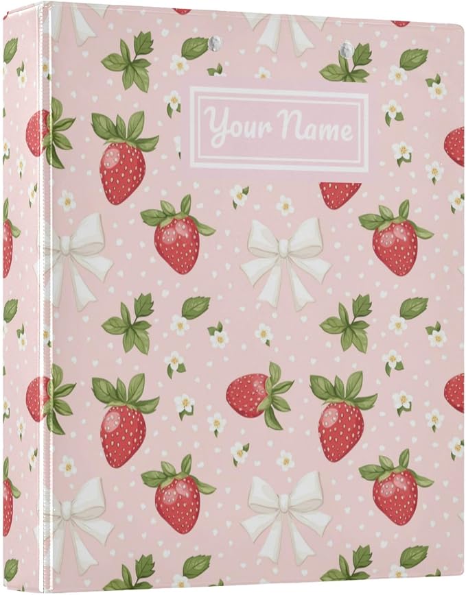 Custom Strawberry 3 Personalized Round Ring Binders Pink | 1.5 Inch Binder with Clipboard, PVC Pockets, Work Organizer, Holds 200 Sheets for School Office 1 Pack