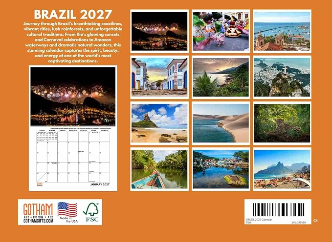Brazil Calendar 2027 Monthly Wall Calender 12 Month | American Made In The USA