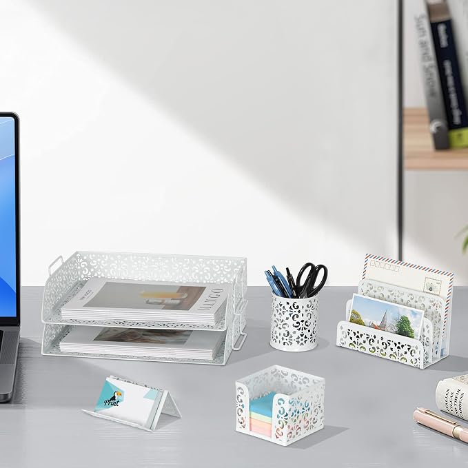 EasyPAG Desk Organizers and Accessories 5 Pieces Office Supplies Set - 2 Tier Paper Tray, Pencil Organizer for Desk, Mail Sorter Countertop, Business Card Holder and Sticky Note Holder, White