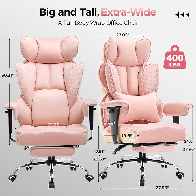 COMHOMA Big and Tall Office Chair Heavy Duty Wide Ergonomic Gaming Chair with Deluxe Embossing Designed Leather with Foot Rest,150°Reclining Adjustable Armrests Pocket Spring Back Support and Pillow