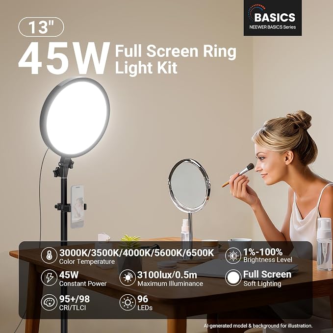 NEEWER Basics 13" 45W Large Ring Light with 66" Stand, 3000K-6500K CRI95+ Full Screen LED Panel Lighting with Phone Holder/Remote for Video Recording Selfie Streaming Makeup Studio Photography, BR45B