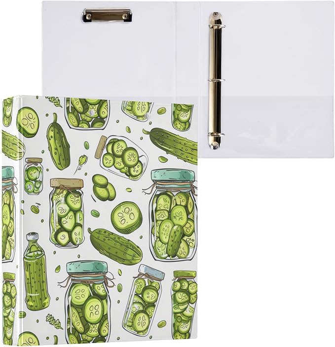 Cucumbers and Pickles Pattern 3 Round Ring Binders | 1.5 Inch Binder with Clipboard, PVC Pockets, Work Organizer, Holds 200 Sheets for School Office 1 Pack