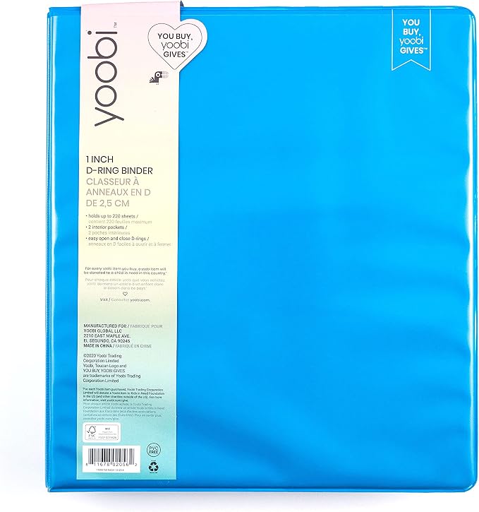 Yoobi 3 Ring Blue Binder - 1 Inch Binder with Round D Rings and 2 Pockets, Durable, PVC-Free Organizer with 275 Sheets Capacity, FSC Certified Packaging and Paper