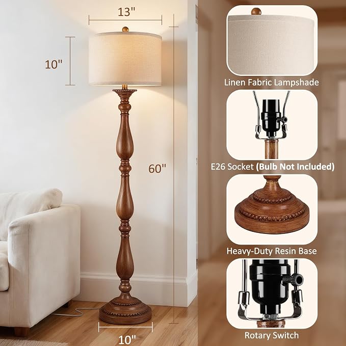 Vintage Floor Lamp for Living Room, Rustic Farmhouse Standing Lamp with Rotary Switch and Linen Shade, Retro Resin Floor Lamp for Bedroom, Corner, Dining Room, House Decor, Wood Grain