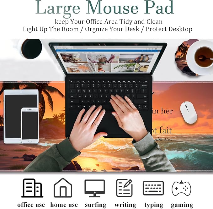 Extended Gaming Mouse Pad 31.5" x 11.8", with Edge Stitching, Non-Slip Rubber Base Keyboard Pad, Suitable for Work, Game, Office, Home and Coasters, Palm Trees Beach